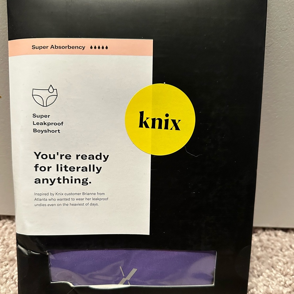 New in packaging, periwinkle, Knix super absorbency boy shorts